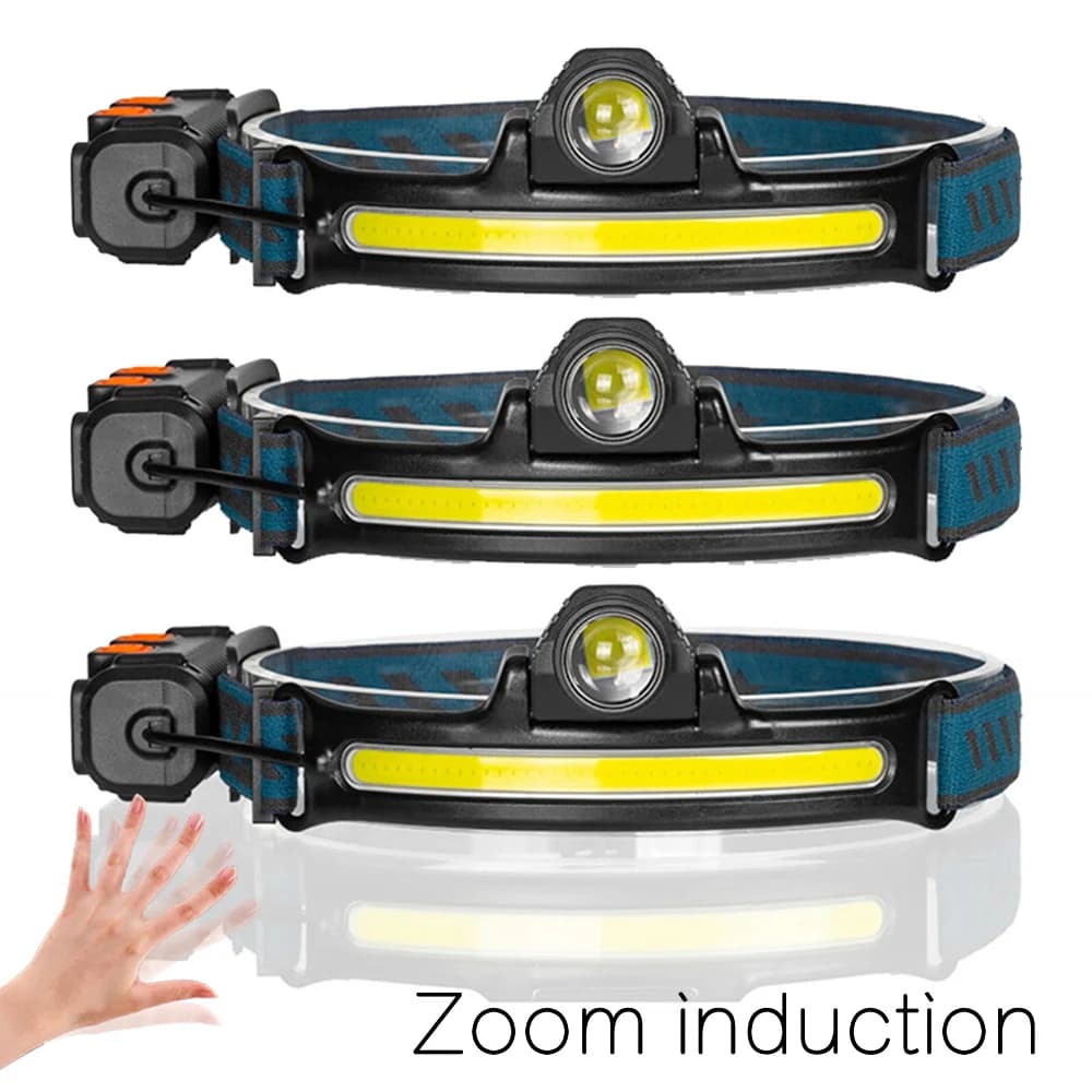 Lampe frontale LED à capteur d'onde, puissante lampe frontale XPG + COB avec batterie 18650 intégrée