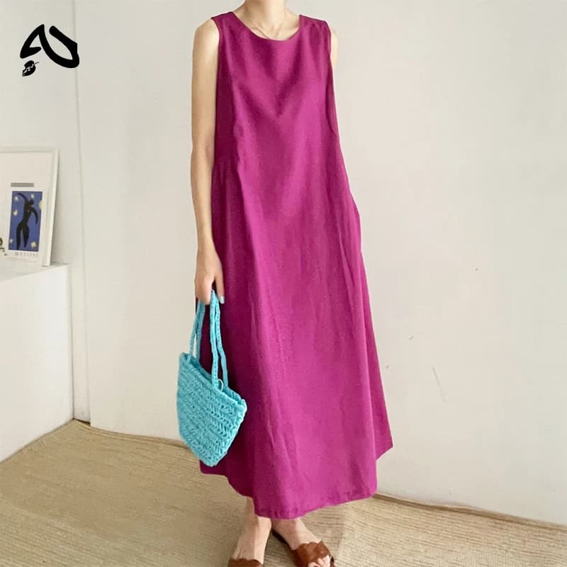 Nouvelles robes originales pour femmes, en coton et lin, sans manches, amples, décontractées, col ro