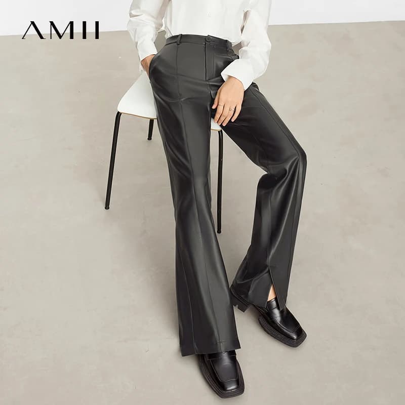 AMII minimaliste en cuir PU pantalons décontractés pour les femmes 2025 automne nouveau ample longue