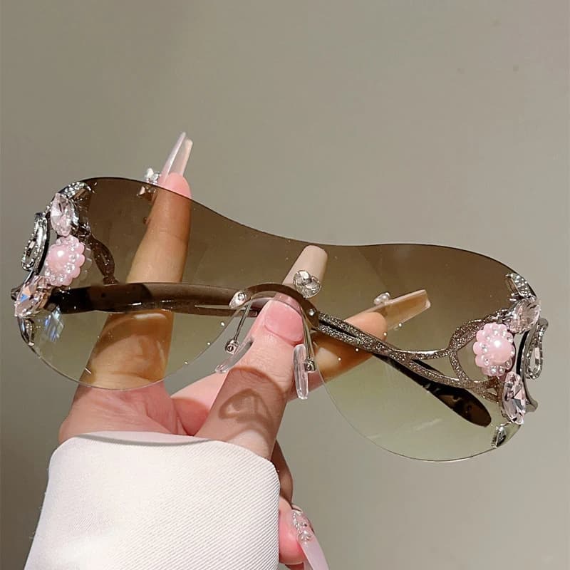 KAMMPT – lunettes de soleil Y2k sans bords avec strass pour femmes, monobloc, décoration extérieure,