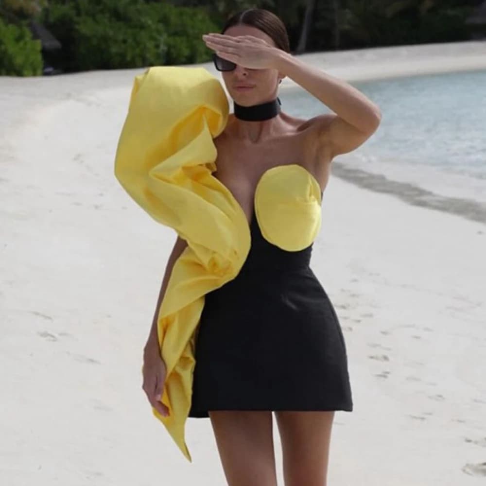 Ever azole-Robe de soirée en satin jaune pour femme, mini robe moelleuse, vêtements bicolores, tout 