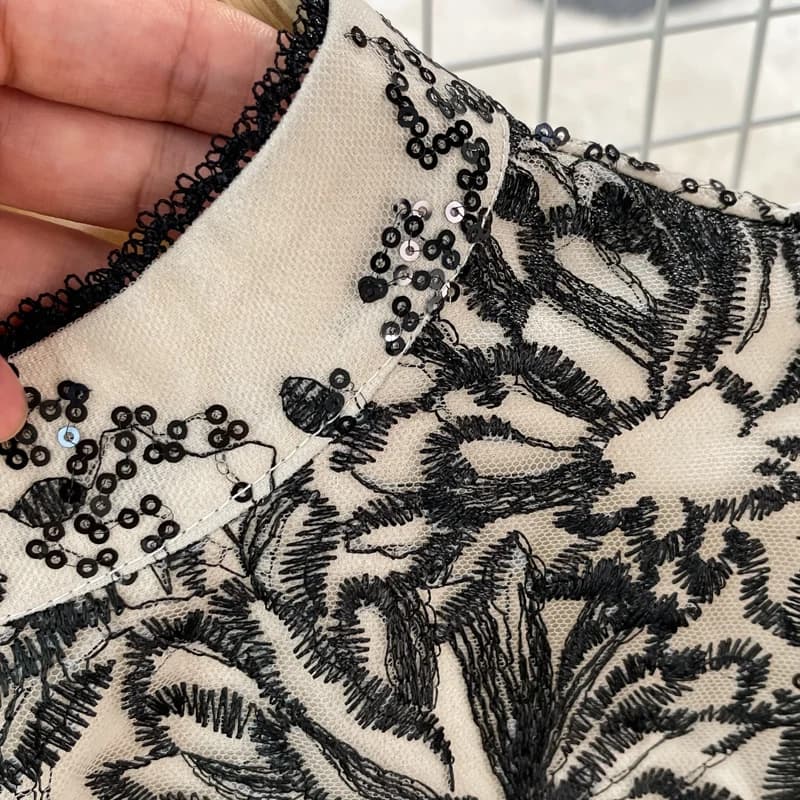 Robe de Soirée Sexy en Maille Brodée pour Femme, Col Montant, Manches Lanterne, Chic, Élégante, Tail