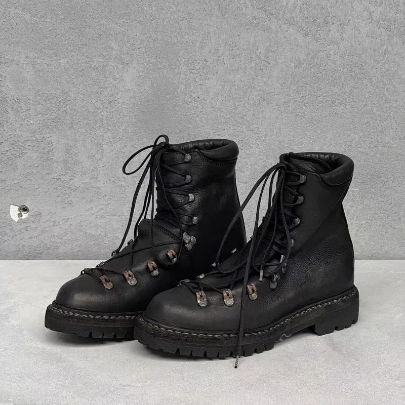 Bottes de moto en cuir véritable pour hommes, chaussures d'alpinisme à lacets en métal, bottes de ra
