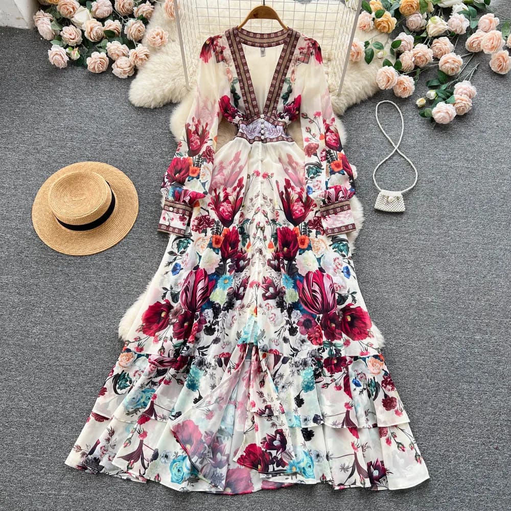 Robe de style bohème pour femme, col en V profond, manches longues, décontracté, imprimé floral, vol