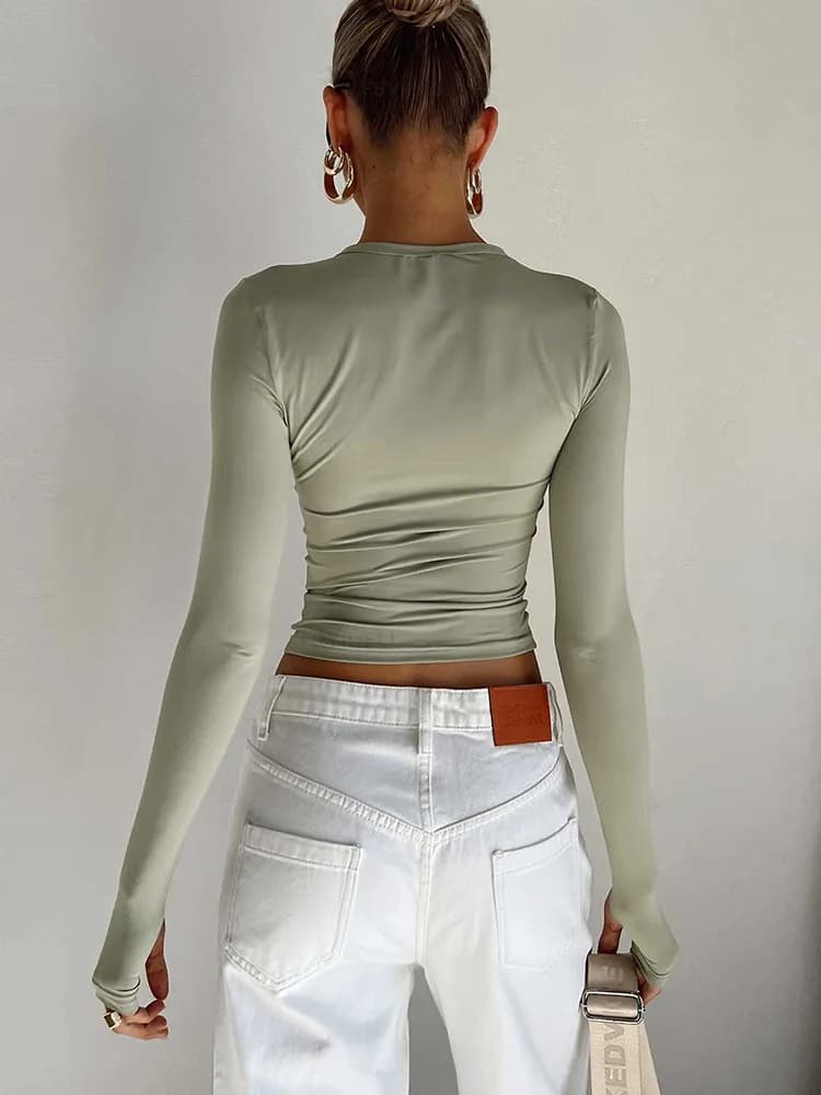 T-shirt à manches longues et col rond pour femme, haut court, coupe couvertes, trous pour les pouces