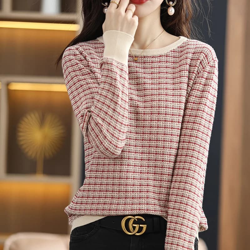 Pull doux à col rond pour femme, vêtement chaud, décontracté, à rayures contrastées, 100% coton, col