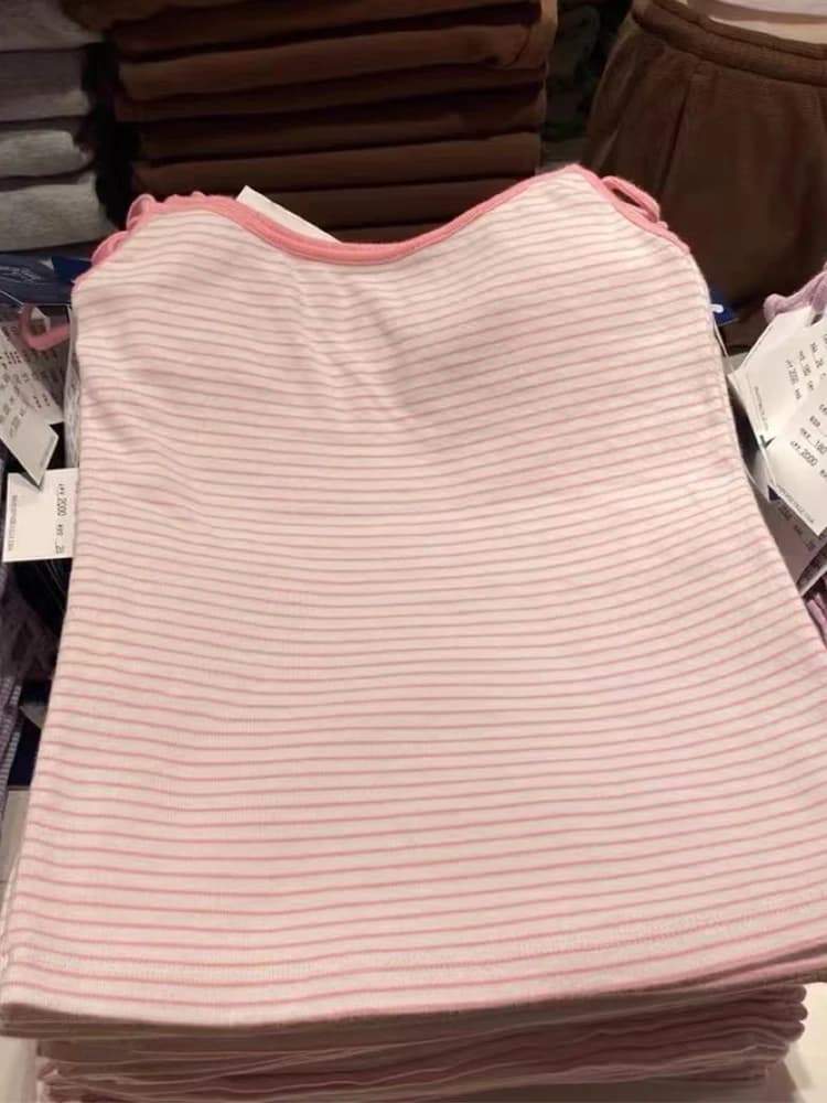 Débardeur Slim rayé rose doux pour femme, haut court, Sexy, mignon, sans manches, Camis en coton dou