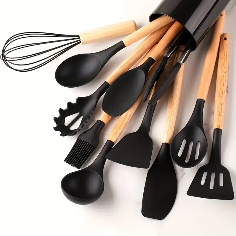 Ensemble d'ustensiles de cuisine avec manche en bois en silicone multicolore, antiadhésif, pot, spat