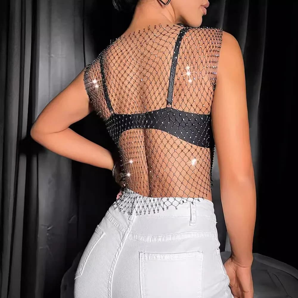 Gilet transparent en maille pour femmes, Sexy, brillant, strass, résille, ajouré, haut court, couver