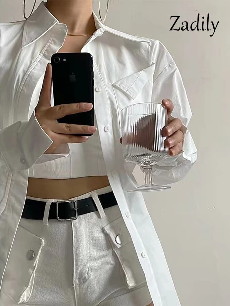 Zadily 2025 automne nouveau en Streetwear à manches longues chemise blanche femmes minimaliste poche