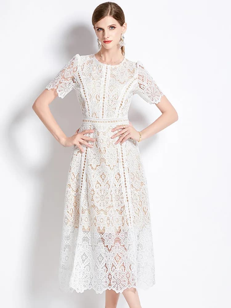 SMTHMA-Robe longue en dentelle évidée pour femme, manches courtes, élégante, mi-longue, haute qualit