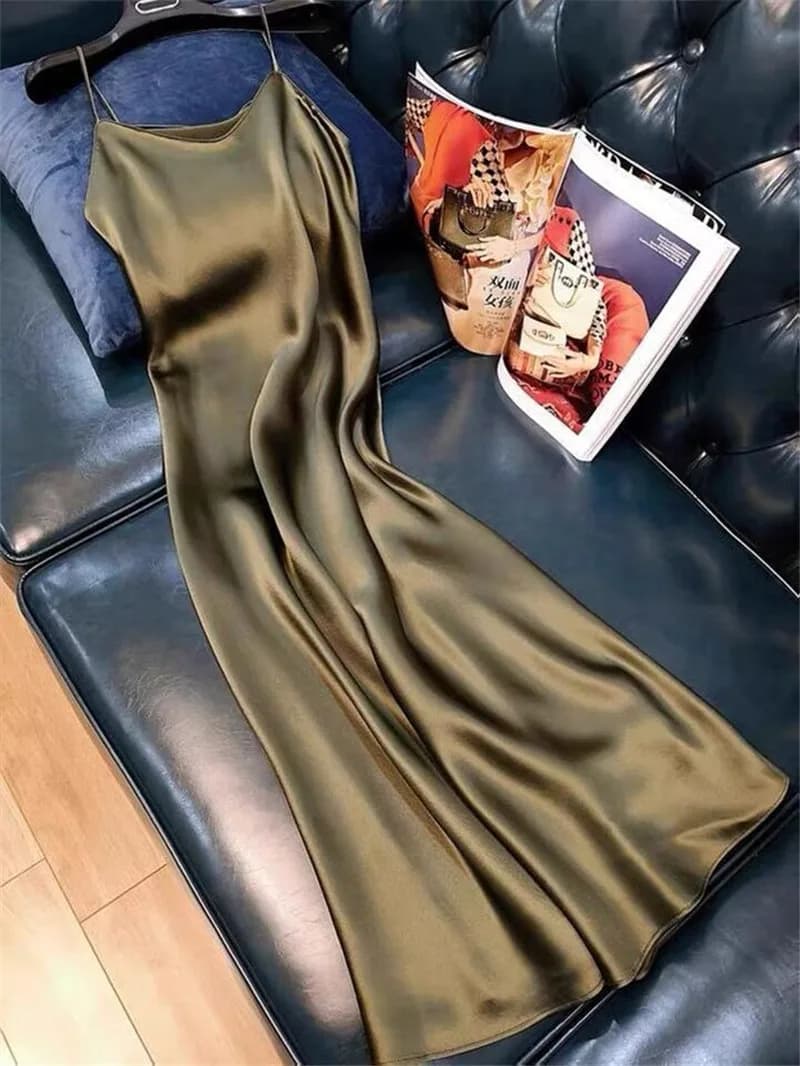 Robe longue en satin pour femme, sans manches, col en V, couleur unie, élégante, style vintage, bret