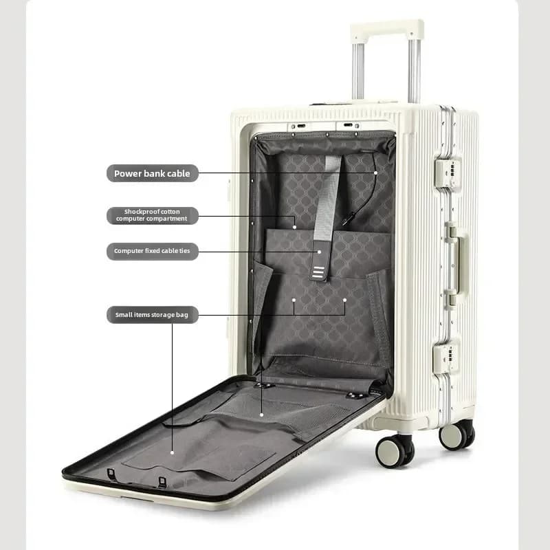 Valise à bagages roulante de grande capacité à ouverture frontale, cadre en aluminium, valise d'emba