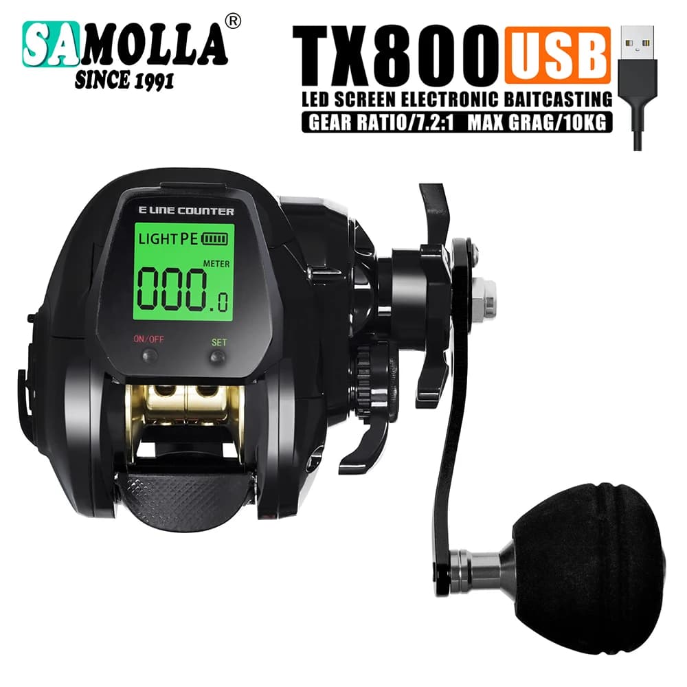 SAMOLLA Baitcasting moulinet de pêche électronique grand écran LED haute vitesse 7.2:1 10kg eau salé