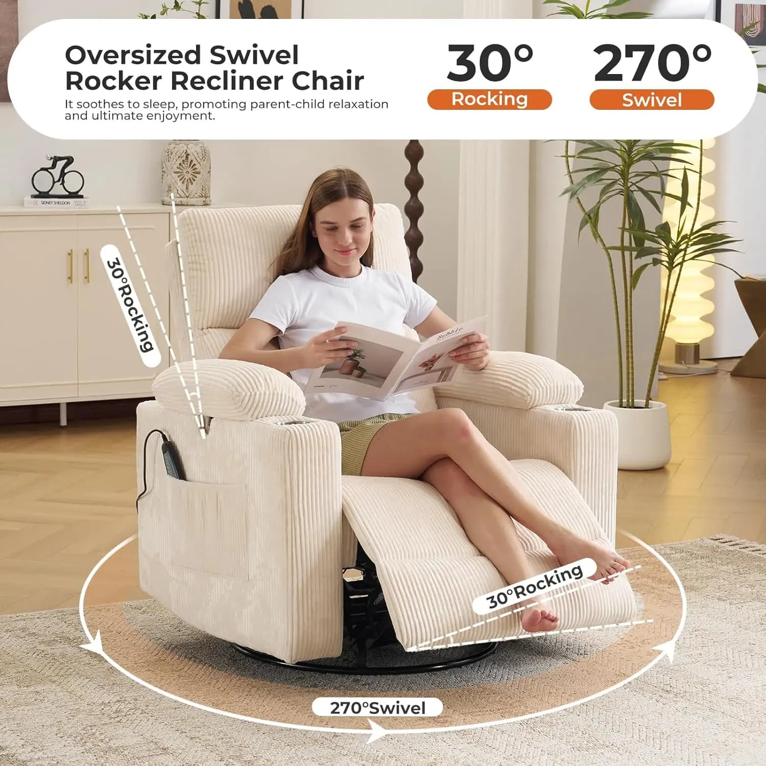 Fauteuil inclinable motorisé surdimensionné pivotant avec massage et chaleur, fauteuil inclinable pi