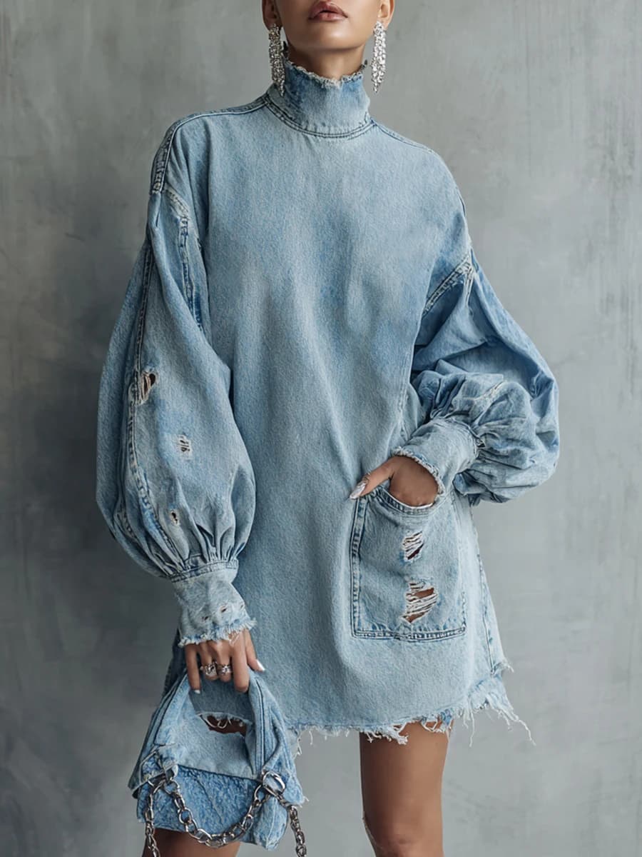 Robe Courte en Jean Rétro Tendance à Col Montant, Manches Lanterne, Poches et Détails Découpés, Coup