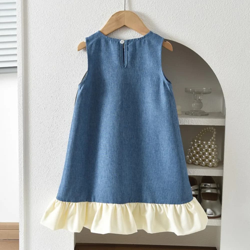 Nouvelle Robe Princesse d'Été Bleue Décontractée pour Filles, Col Rond, Sans Manches, avec Nœud et D