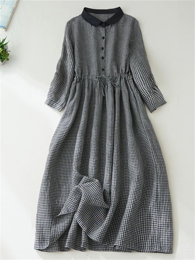 Robe longue décontractée pour femme, style japonais, patchwork noir et blanc à carreaux, collection 
