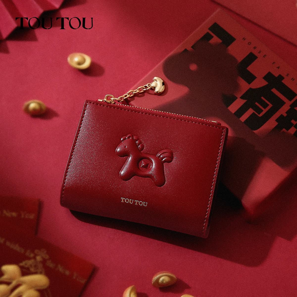 Portefeuille toutou rouge en cuir de vachette, un porte-monnaie léger et compact pour cartes et pièc