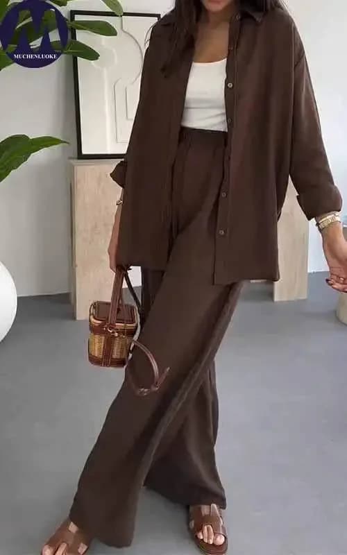 Ensemble 2 pièces d'été pour femme : Chemise à revers à manches longues et pantalon décontracté à ja