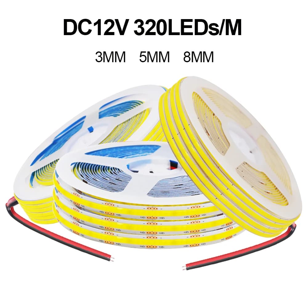 FOB COB LED bande lumineuse DC 5V 12V 320Led/M haute densité ruban Flexible RA90 3000K 4000K 6000K c