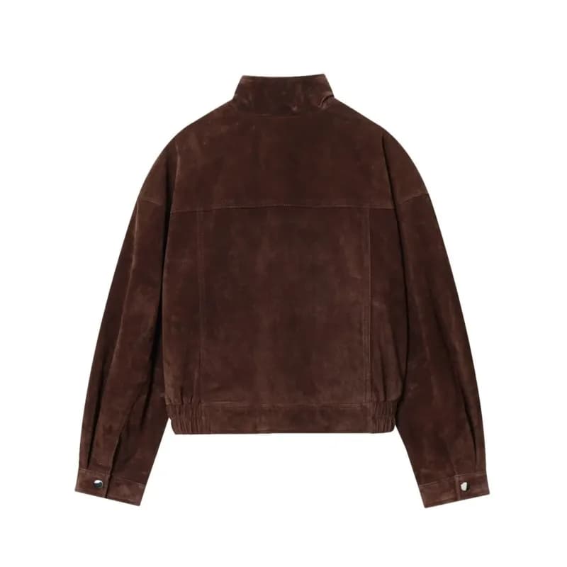 Femmes veste en cuir suédé avec poches automne mode col haut à manches longues bouton veste dame man