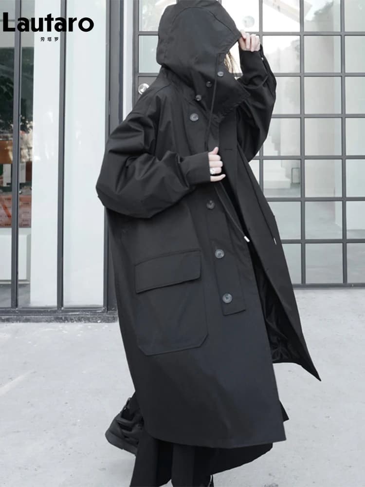 Lautaro-Manteau Long Respirant Noir avec Capuche pour Femme, Vêtements de Créateur de Luxe, Dark Aca