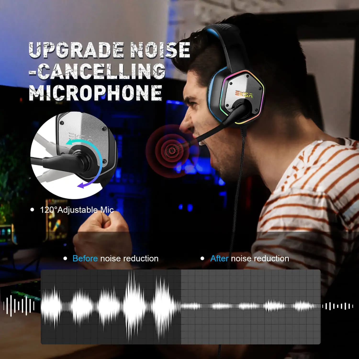 EKSA E1000 casque de jeu pour PC/PS4/PS5 7.1 Surround RGB casque de jeu Gamer USB casque filaire ave