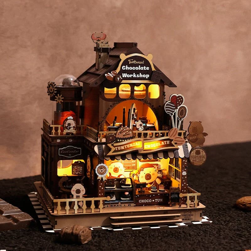 Kits de modèles miniatures en bois DIY pour atelier de chocolat, maison miniature avec meubles, lumi