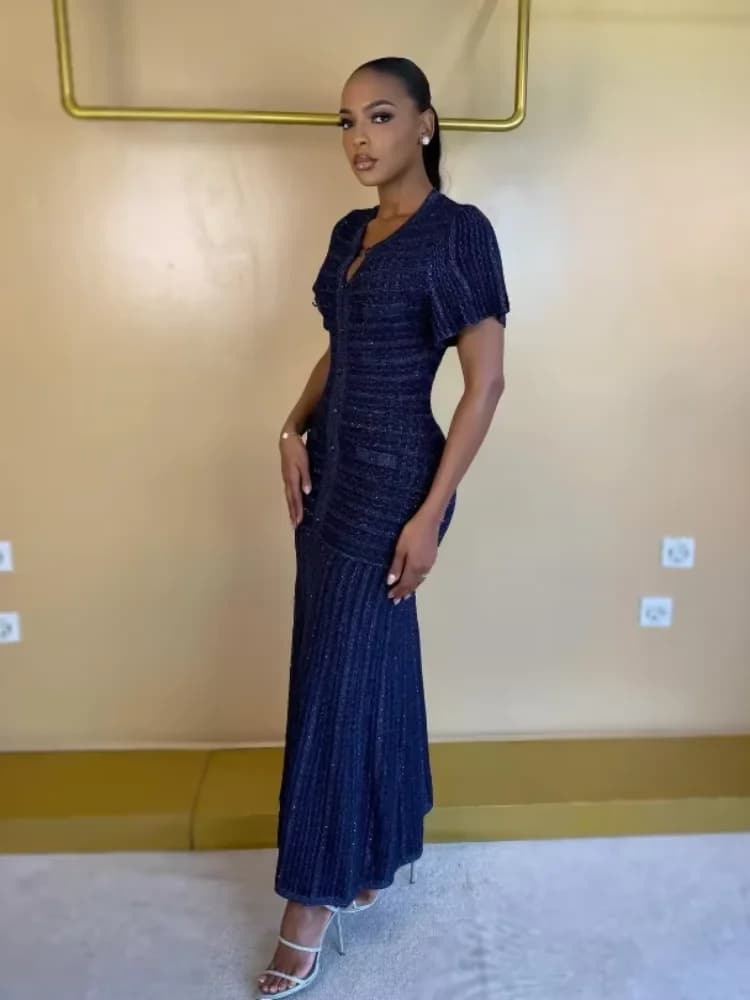 Robe midi vintage texturée à sequins, manches courtes, boutonnée sur le devant, ourlet plissé, pour 