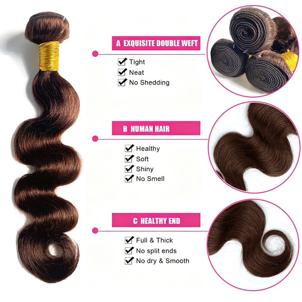 # 4 Bundles de Cheveux Humains Ondulés Brun Foncé 1/3 Pièces, Extensions de Cheveux Remy Brésiliens 
