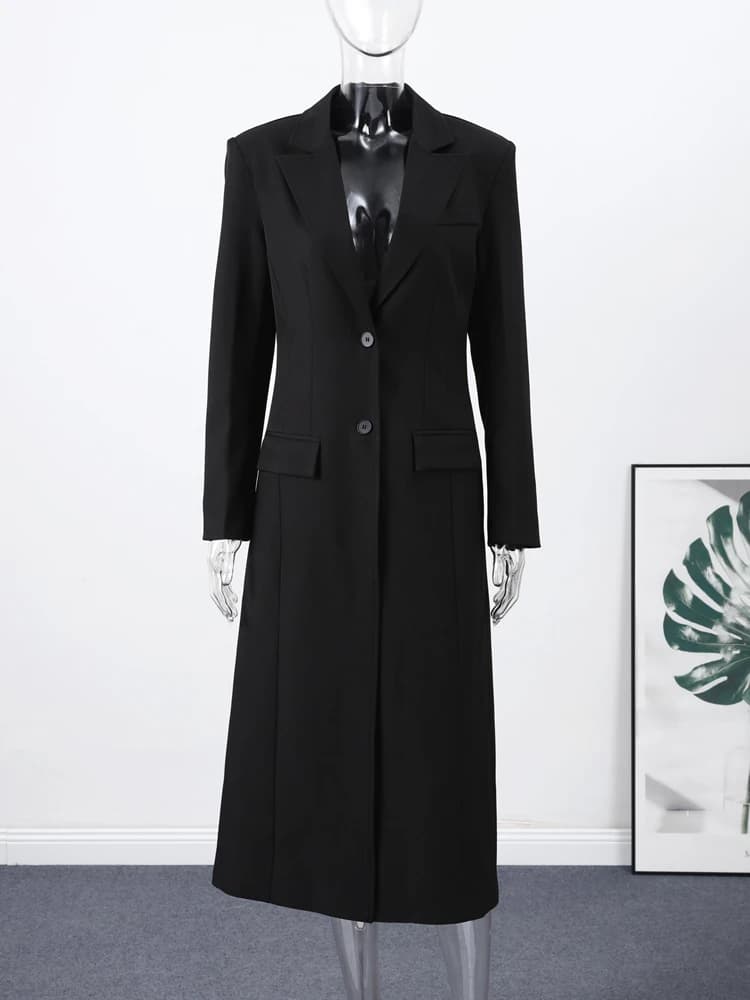 Blazer long noir pour femme, style bureau, manches longues, col rabattu, tunique, simple boutonnage,