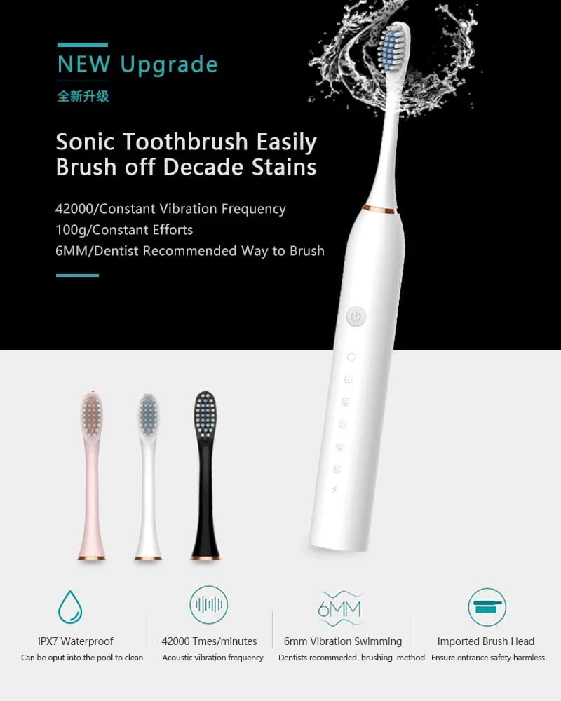 Brosse à dents électrique sonique IPX7, étanche, soins buccaux, blanchiment, Rechargeable, automatiq