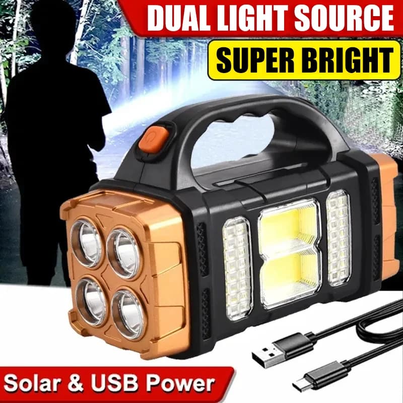 Lampe de poche LED solaire aste par USB, lampe de travail COB, charge à 4 vitesses, lampe de camping