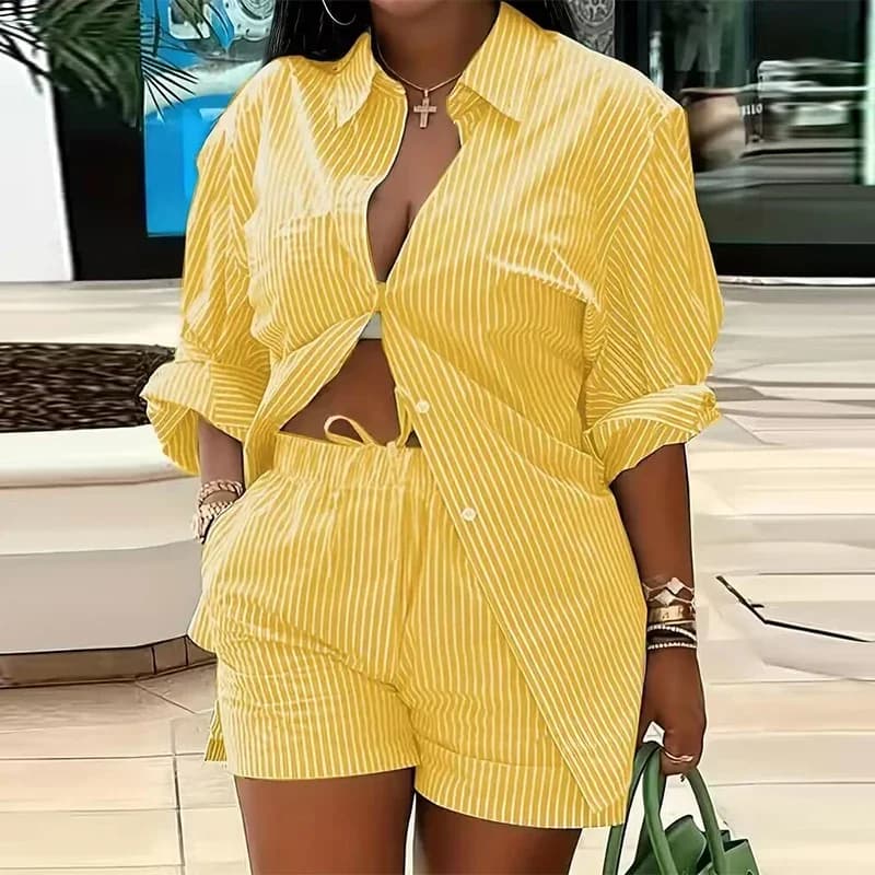 Chemisier et short à boutons et col rabattu pour femmes, tenue Sexy, imprimé rayé, costume deux pièc