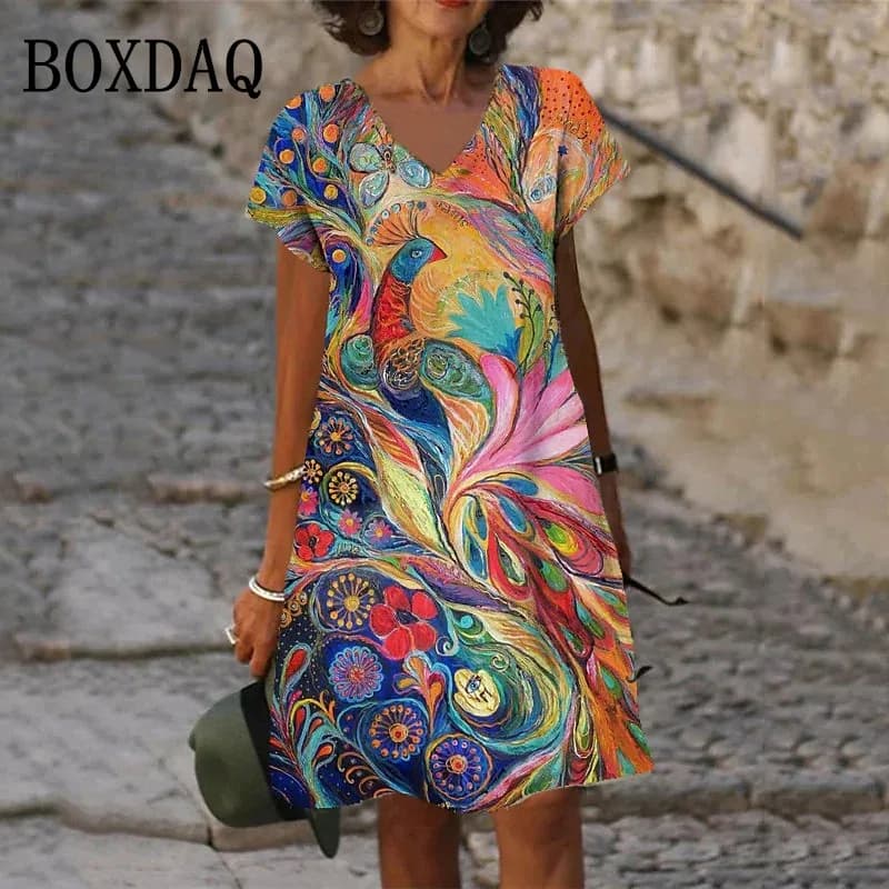 Robes imprimées florales paon 3D pour femmes, nouvelle mode d'été 2022, manches courtes, col en v, r