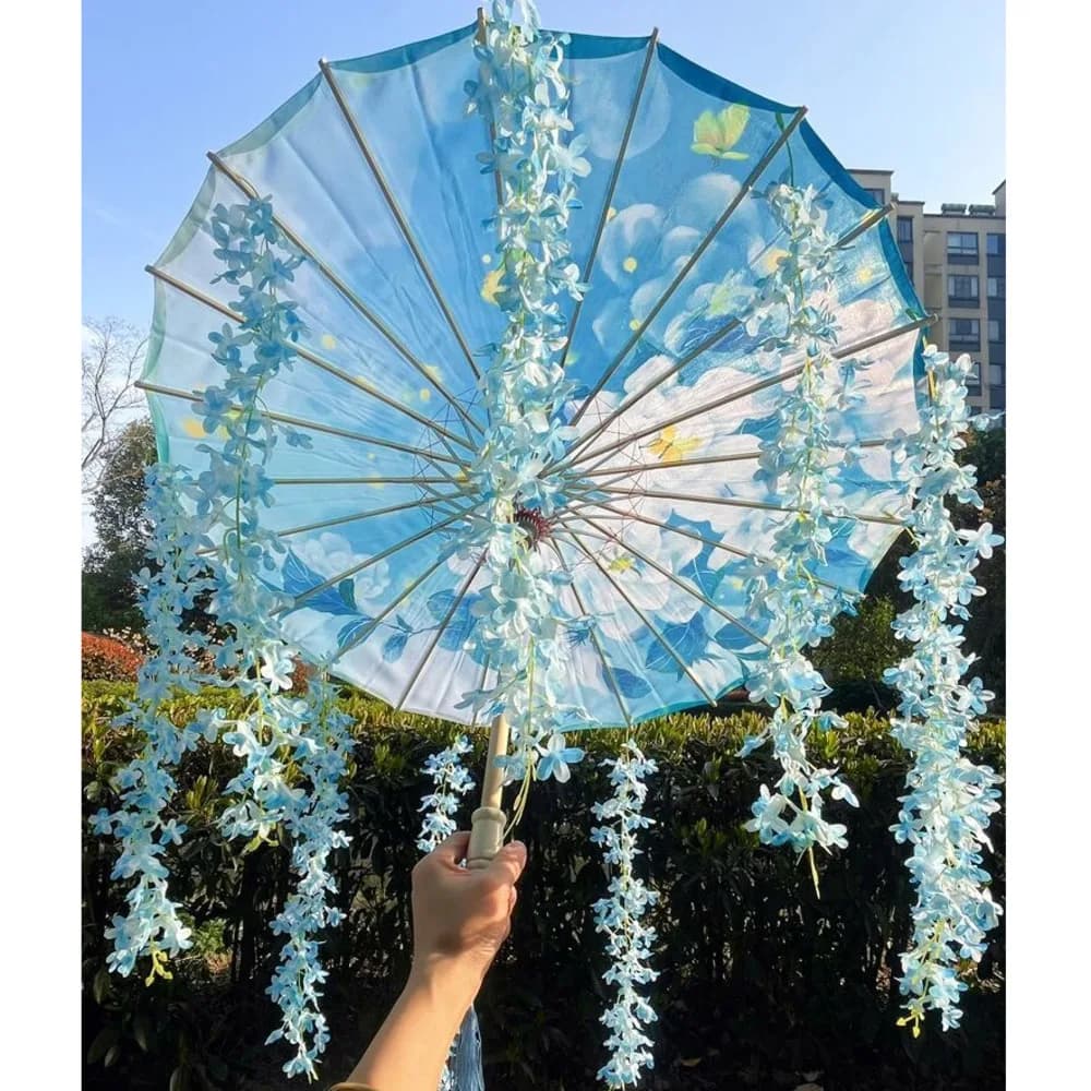 82CM 32 ''bleu ciel Hanfu Parasol fleurs imperméable voiture parapluie danse Cosplay japon Sakura pr