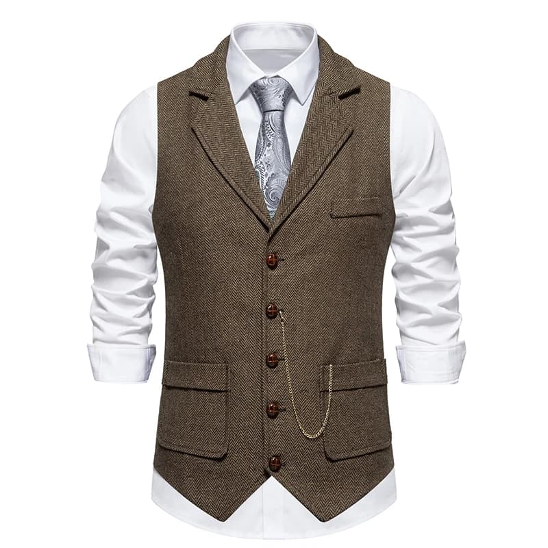 Gilet rétro à chaîne à revers pour hommes, mode chevrons, poches en Tweed grossier, gilet de costume