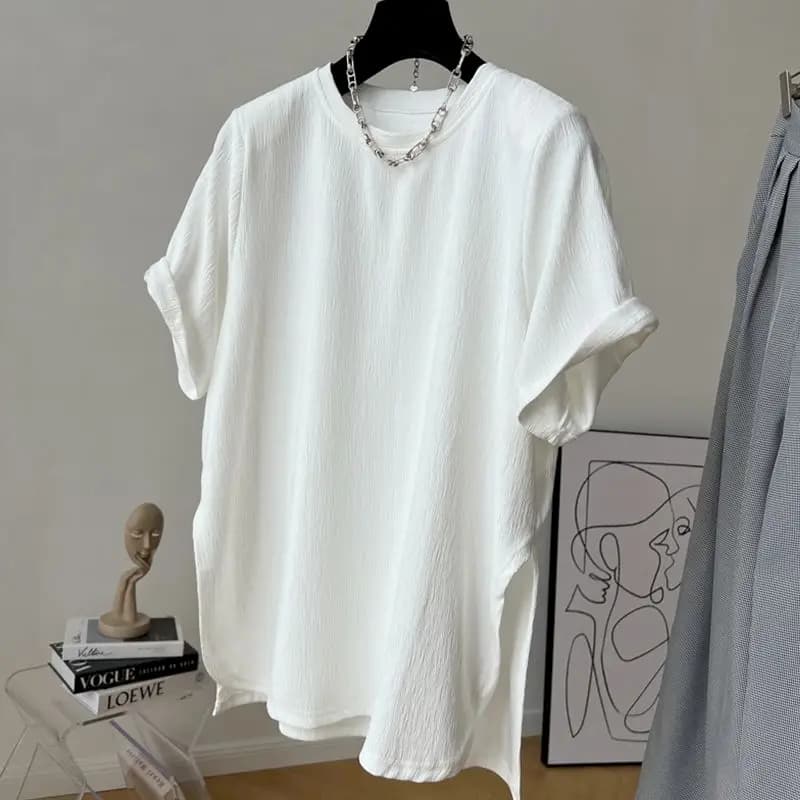 T-shirt Respiré à Manches Courtes pour Femme, Vêtement Fendu, Plissé, à la Mode, Couleur Unie, Tenda