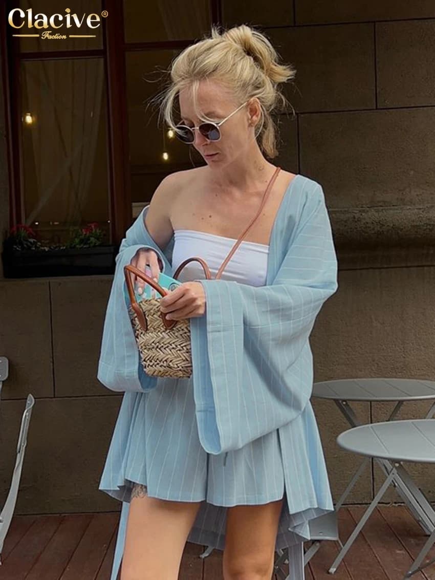 ClacMarkets-Ensemble 2 pièces en coton à rayures bleues pour femmes, robes élégantes à manches longu