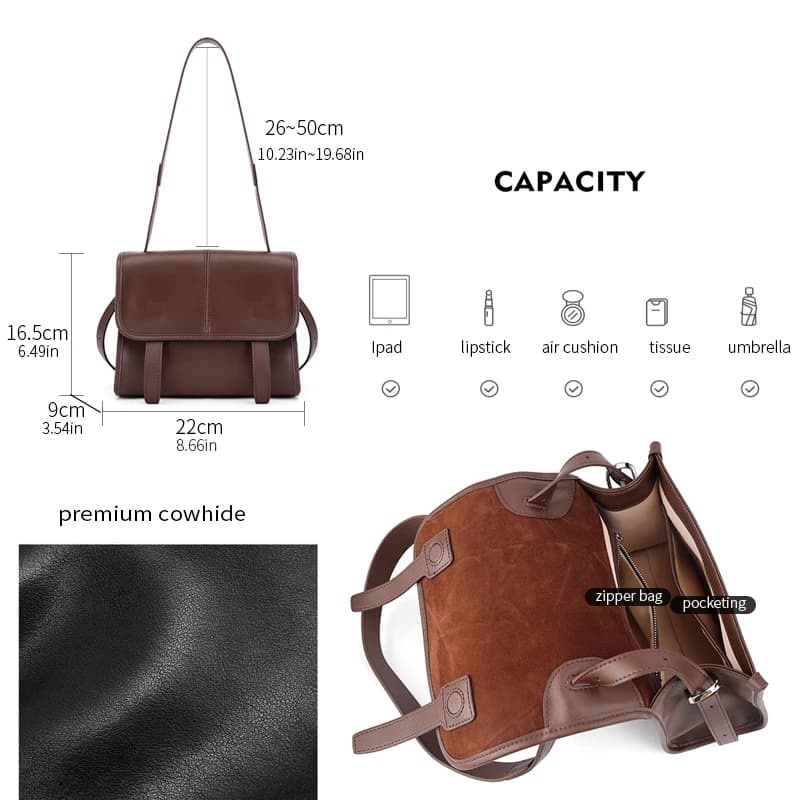 Sac à bandoulière en cuir véritable pour femmes, couleur unie, sac à bandoulière multi-poches, sac m