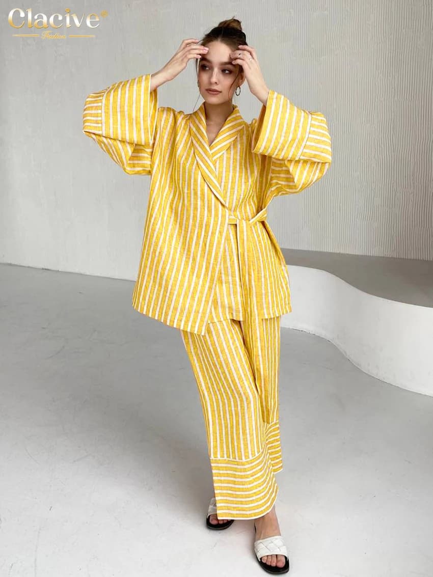 ClacMarkets-Costumes de maison à rayures jaunes décontractés pour femmes, ensemble 2 pièces, chemise