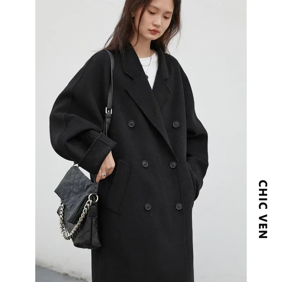 CHIC VEN – manteaux longs en laine Double face pour femme, pardessus rétro ample, Double boutonnage,