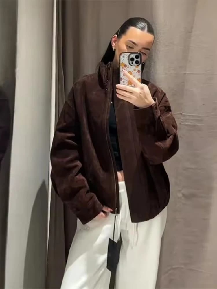 2025 hiver Vintage marron daim vestes amples femmes décontracté col montant poche épais manteau auto