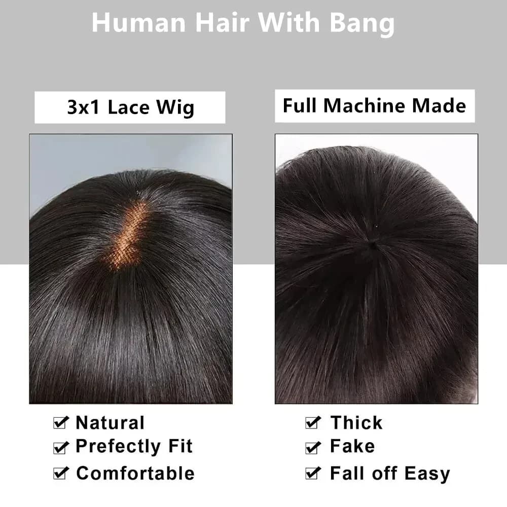 3x1 partie centrale perruques de cheveux humains avec frange perruques droites bon marché pour les f