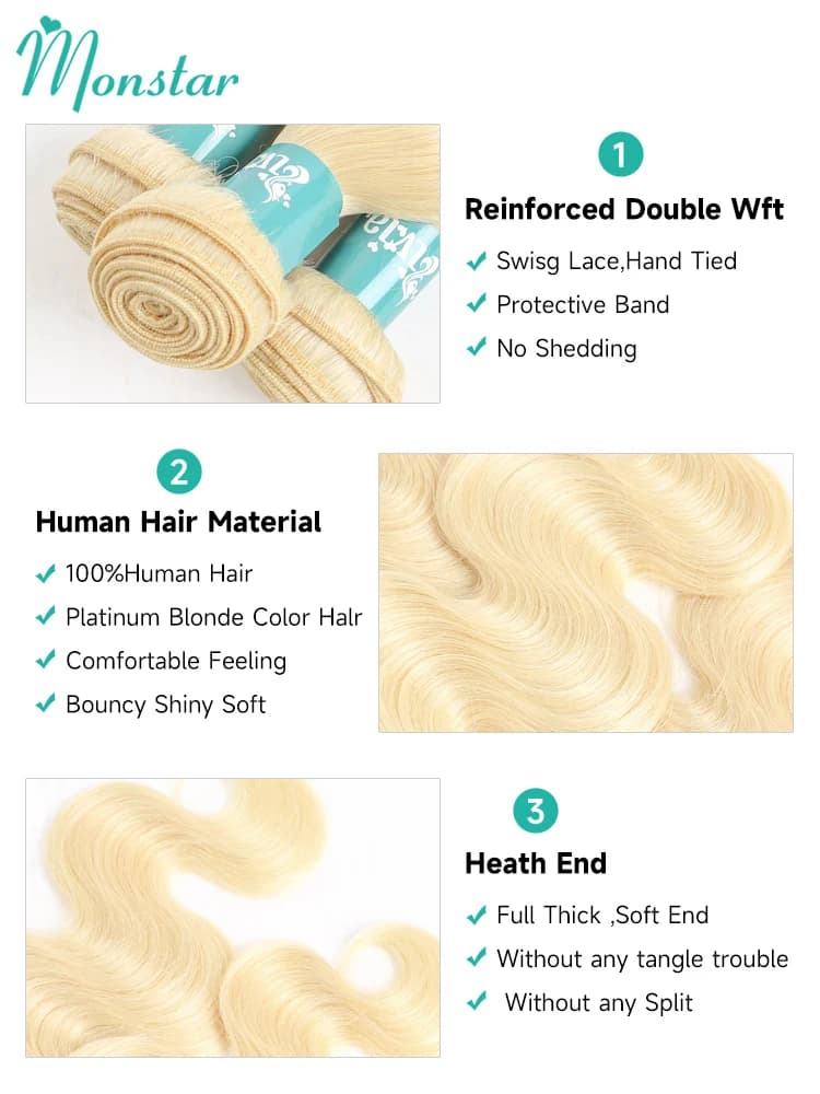Tissage en lot brésilien Remy Body Wave blond 613-Monstar, extension de cheveux naturels longs 28 30