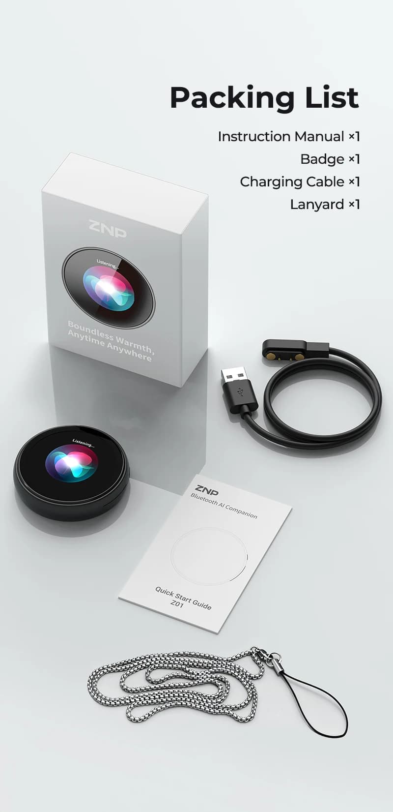 Badge intelligent interactif ZNP AI pour adultes ‌ Assistant d'IA, assistant émotionnel, traducteur 