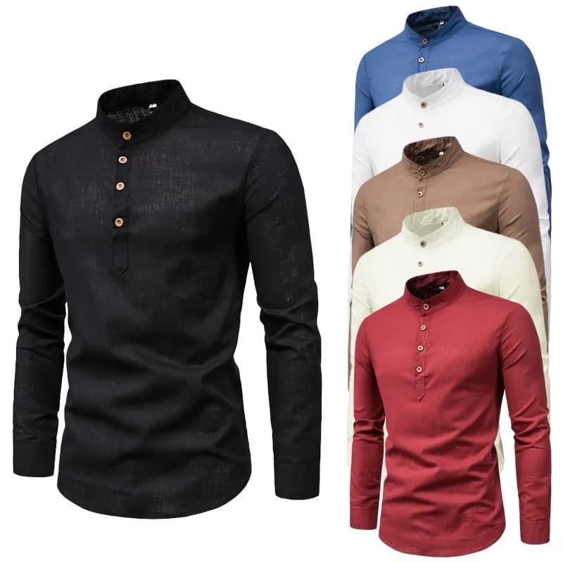 Chemise d'affaires à manches longues et col montant pour hommes, couleur unie, décontractée, ajustée