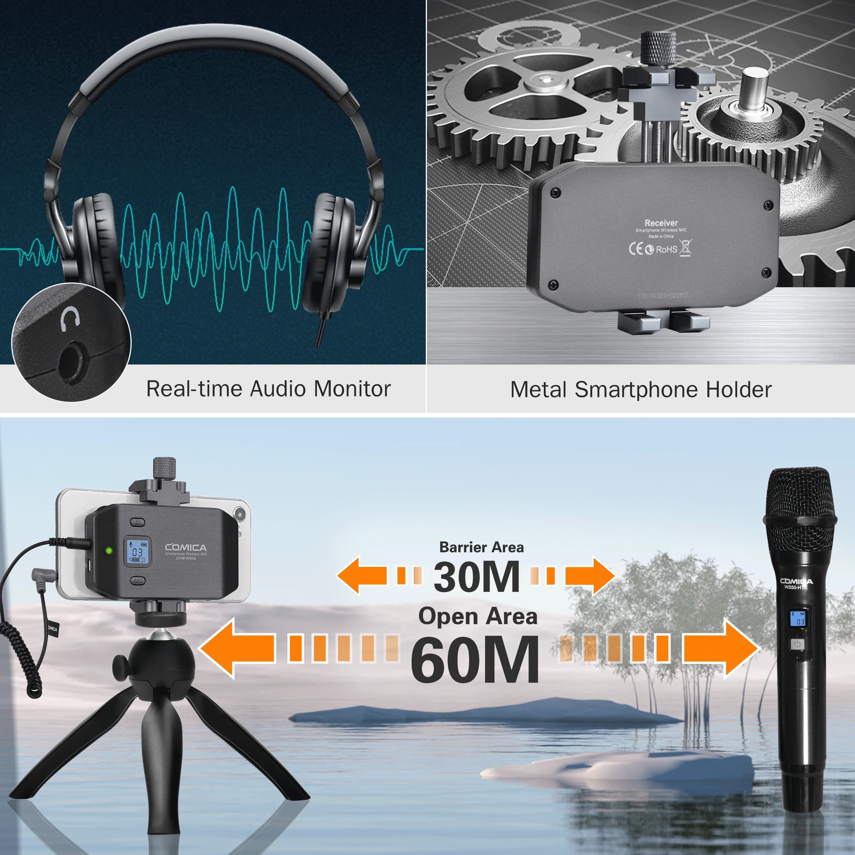 Microphone portable COMICA CVM-WS50H, microphone sans fil UHF, 6 canaux, micro à condensateur pour i