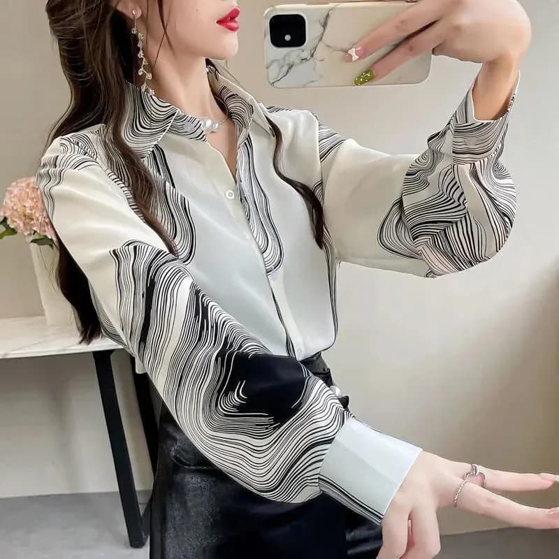 Chemisier en mousseline de soie à rayures pour femmes, chemise à manches lanterne, revers élégant, b